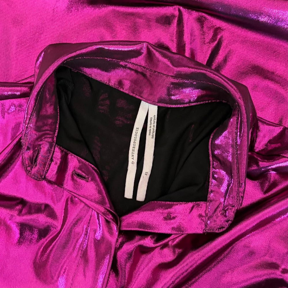 By ANTHROPOLOGIE Magenta Pink Shimmer Shine Lamé Buttondown Top Blouse X-Small - Picture 13 of 16